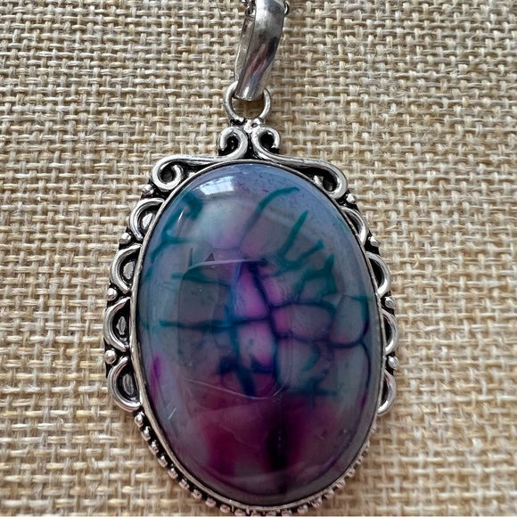 New Dragon Veined Agate Stone Silver Overlay Pendant Necklace - Picture 4 of 5
